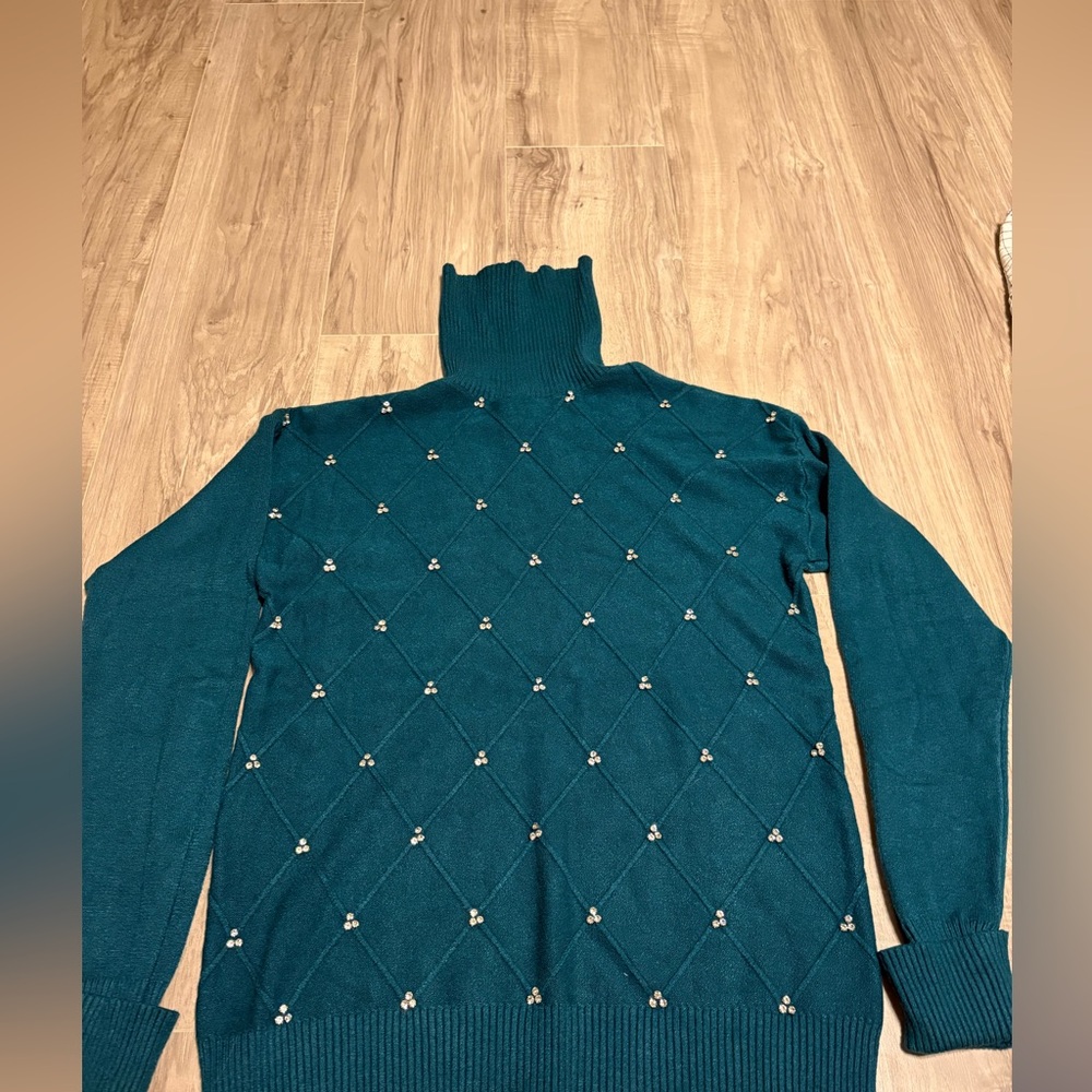 Teal Turtleneck Sweater with Embellishments
